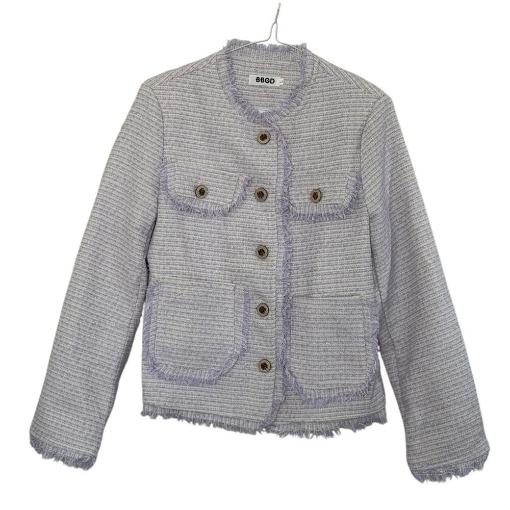 BBGD Lavender Tweed Fringe Designer Blazer Jacket Button Cropped Parisian Size L - Picture 2 of 10